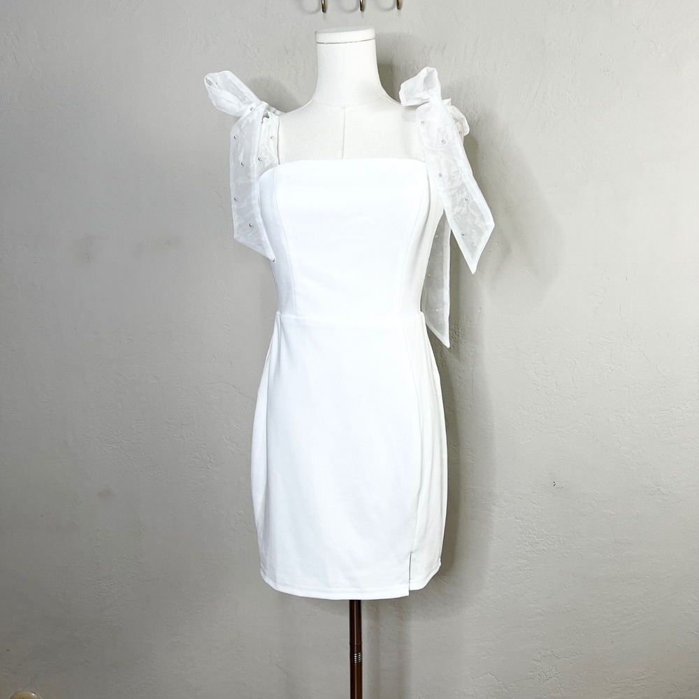 Lulus White Square Neck Sheer Pearl‎ Bow Mini Dress Cutout Beaming Size Medium